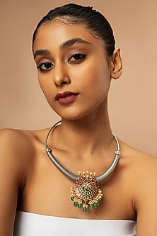Silver Multi-Colored Semi-Precious Stone Choker Necklace