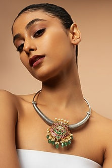 Silver Multi-Colored Semi-Precious Stone Choker Necklace