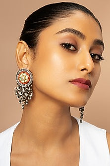 Oxidised Finish Floral Motif Enameled Dangler Earrings