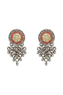 Oxidised Finish Floral Motif Enameled Dangler Earrings