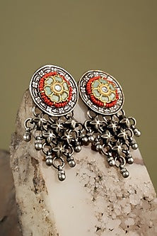 Oxidised Finish Floral Motif Enameled Dangler Earrings