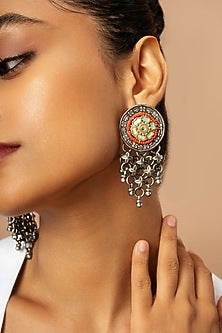 Oxidised Finish Floral Motif Enameled Dangler Earrings