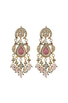 Gold Plated Pink Stone & Kundan Polki Dangler Earrings