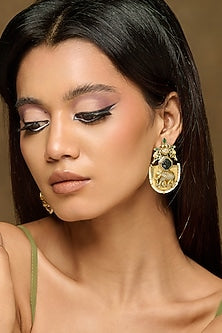 Gold Plated Elephant Motif & Emerald Green Stone Dangler Earrings