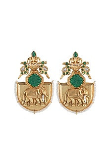 Gold Plated Elephant Motif & Emerald Green Stone Dangler Earrings