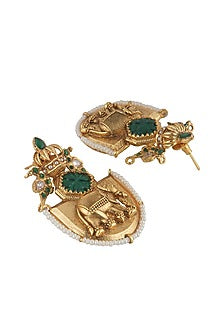 Gold Plated Elephant Motif & Emerald Green Stone Dangler Earrings