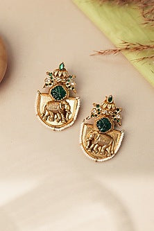 Gold Plated Elephant Motif & Emerald Green Stone Dangler Earrings