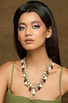 Gold Plated Kundan Polki & Baroque Pearl Necklace
