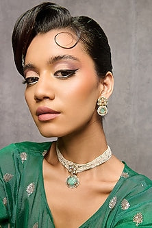 Gold Plated Pearl & Jade Pendant Necklace Set