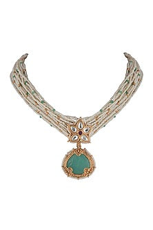 Gold Plated Pearl & Jade Pendant Necklace Set