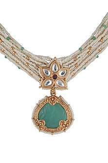 Gold Plated Pearl & Jade Pendant Necklace Set