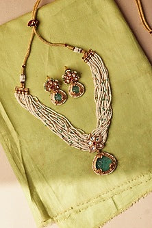 Gold Plated Pearl & Jade Pendant Necklace Set