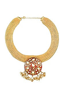 Gold Finish Handcrafted Mesh Necklace With Kundan Polki