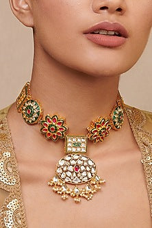 Gold Finish Handcrafted Kundan Polki Long Necklace