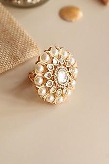 Gold Finish Floral Ring With Kundan Polki