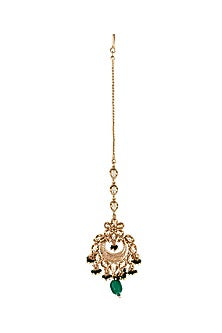 Gold Finish Handcrafted Maang Tikka With Green Stone Drop