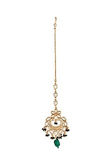 Gold Finish Handcrafted Maang Tikka With Green Stone Drop