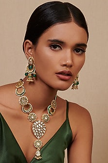 Gold Finish Handcrafted Green Enameled Necklace Set