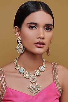 Gold Finish Handcrafted Blue Enameled Necklace Set