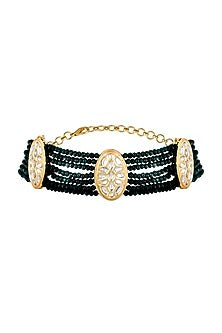 Gold Finish Handcrafted Necklace Set With Green Stone