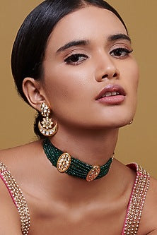 Gold Finish Handcrafted Necklace Set With Green Stone