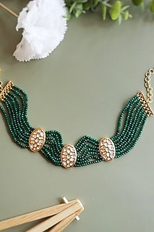 Gold Finish Handcrafted Necklace Set With Green Stone