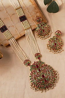 Gold Plated Multi-Colored Semi-Precious Stone & Jadau Long Necklace Set