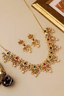 Gold Plated Multi-Colored Mosaic Stone Necklace Set