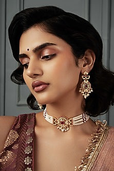 Gold Plated Pink Semi-Precious Stone Choker Necklace Set