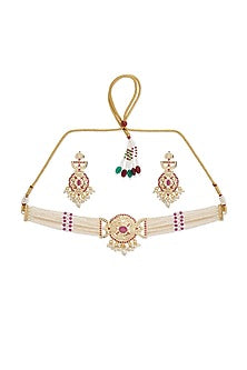 Gold Plated Pink Semi-Precious Stone Choker Necklace Set