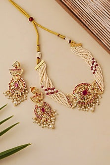 Gold Plated Pink Semi-Precious Stone Choker Necklace Set