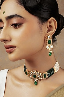 Gold Plated Green Semi-Precious Stone Choker Necklace Set