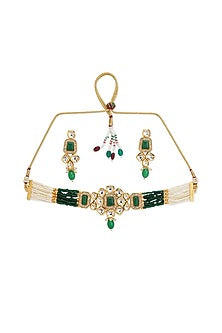 Gold Plated Green Semi-Precious Stone Choker Necklace Set