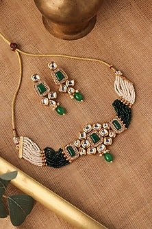 Gold Plated Green Semi-Precious Stone Choker Necklace Set