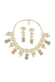 Gold Plated Pastel Droplet & Semi-Precious Stone Necklace Set