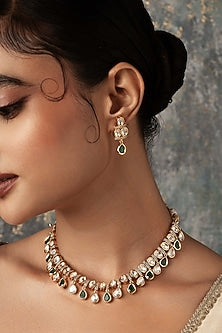 Gold Plated Green Droplet & Semi-Precious Stone Necklace Set