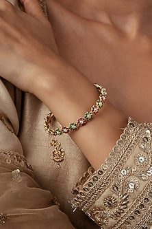 Gold Plated Multi-Colored Semi-Precious Stone & Floral Motif Bangle
