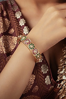 Gold Plated Multi-Colored Semi-Precious Stone Floral Bangle