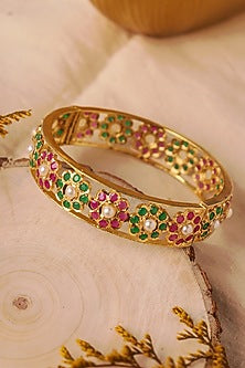 Gold Plated Multi-Colored Semi-Precious Stone Floral Bangle