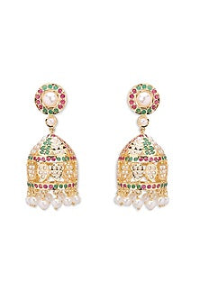 Gold Plated Multi-Colored Semi-Precious Stone Dome Jhumka Earrings