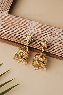 Gold Plated Multi-Colored Semi-Precious Stone Dome Jhumka Earrings