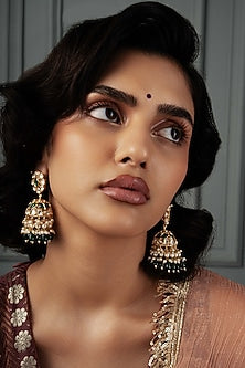 Gold Plated Emerald Green Stone & Kundan Polki Jhumka Earrings