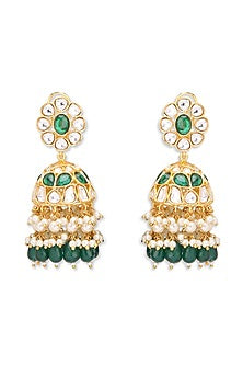 Gold Plated Emerald Green Stone & Kundan Polki Jhumka Earrings