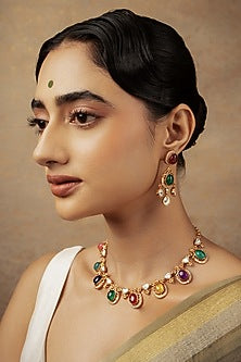 Gold Plated Navratna Stone Drop Necklace Set