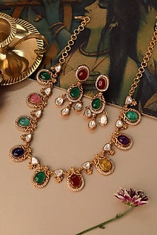Gold Plated Navratna Stone Drop Necklace Set
