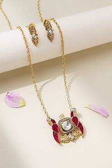 Gold Plated Pink Kundan Polki Parrot Necklace