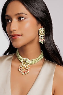 Gold Plated Green Semi-Precious Stone Choker Necklace Set