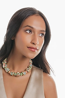 Gold Plated Navratna Stone Enamelled Choker Necklace