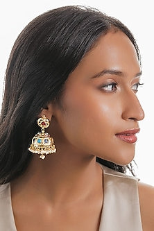 Gold Plated Navratna Stone Jhumka Earrings
