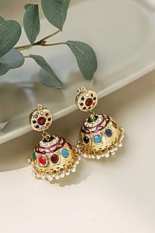 Gold Plated Navratna Stone Jhumka Earrings